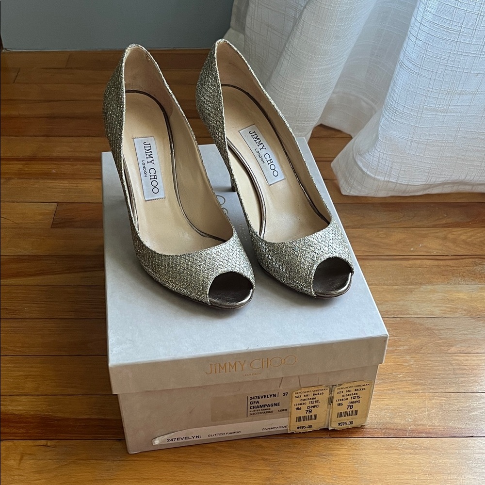 Jimmy Choo “Evelyn” Glittering Gold Peep Toe Heels